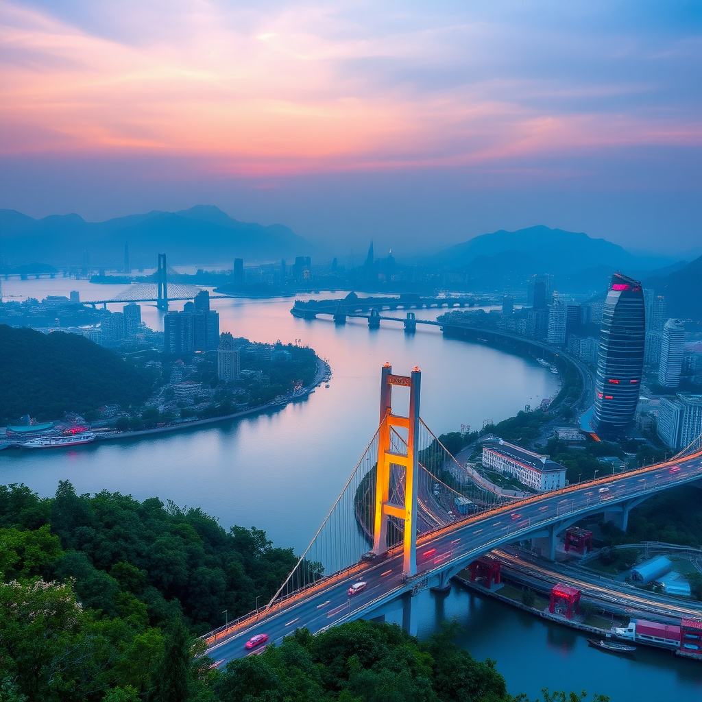 Beautiful landscape of Yichang Yangtze River Bridge and the city skyline